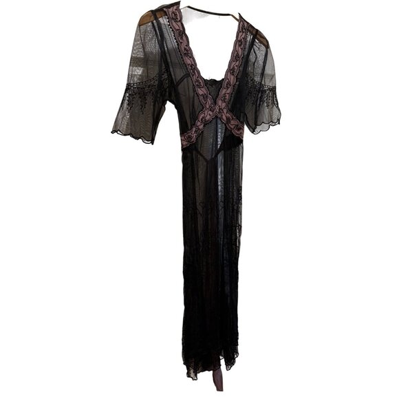 Vintage Y2K Black Chiffon Lingerie Slip Gown With Pink Floral Embroidery & Sheer - Picture 2 of 8